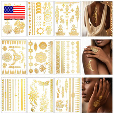 9 Sheets Gold Tattoos Temporary Tattoos for Women, Glitter Flash Tattoo Stickers
