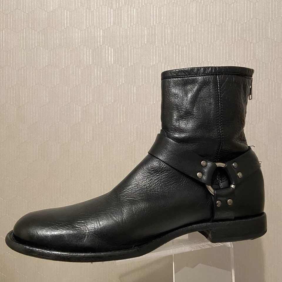 Talla 11- Botas Arnés Frye Phillip Cuero Negro Motociclista Tobillo Cremallera De Colección Hombres Foto 3 de 4