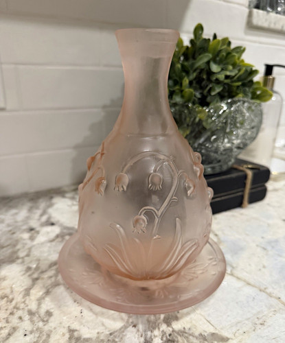 Pink Frosted Glass lily of the valley vase and underplate