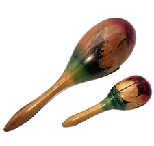 Vintage Wooden Maracas Handpainted Percussion Instrument Mexico 11"  5.5" Gourd