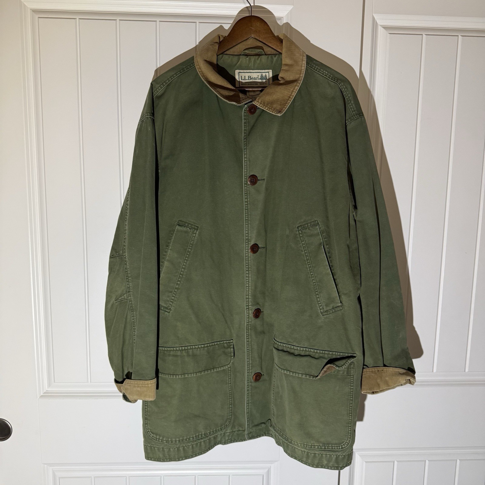LL Bean Mens XL Tall Olive Green Plaid Lined Field Corduroy Chore Coat Jacket