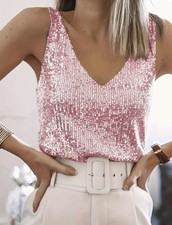 Women Sequin Tank Top Deep V Neck Sleeveless Sparkly Party Club Summer Vest