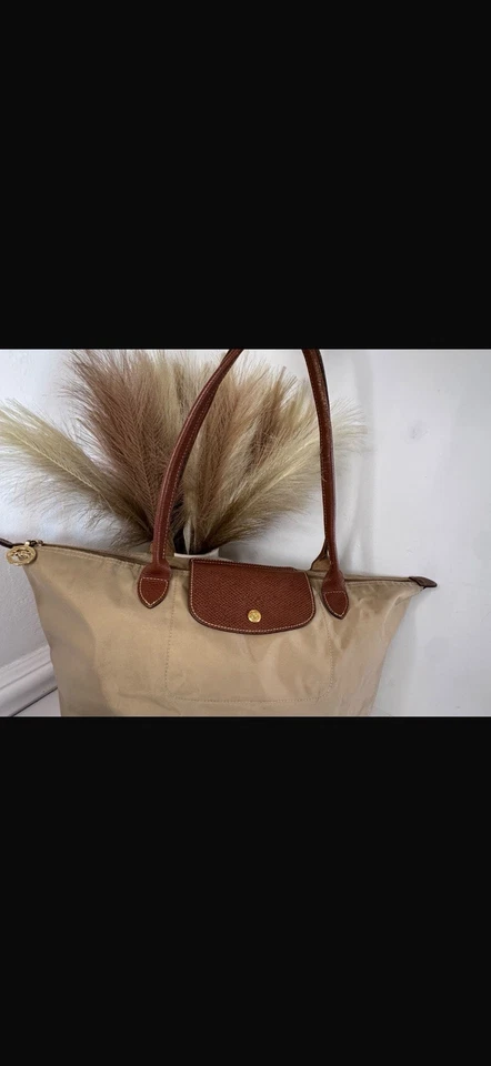 LONGCHAMP Beige Canvas Leather Tote Bag Zip Snap Logo Gold HW Brown Handles, photo 2 of 5