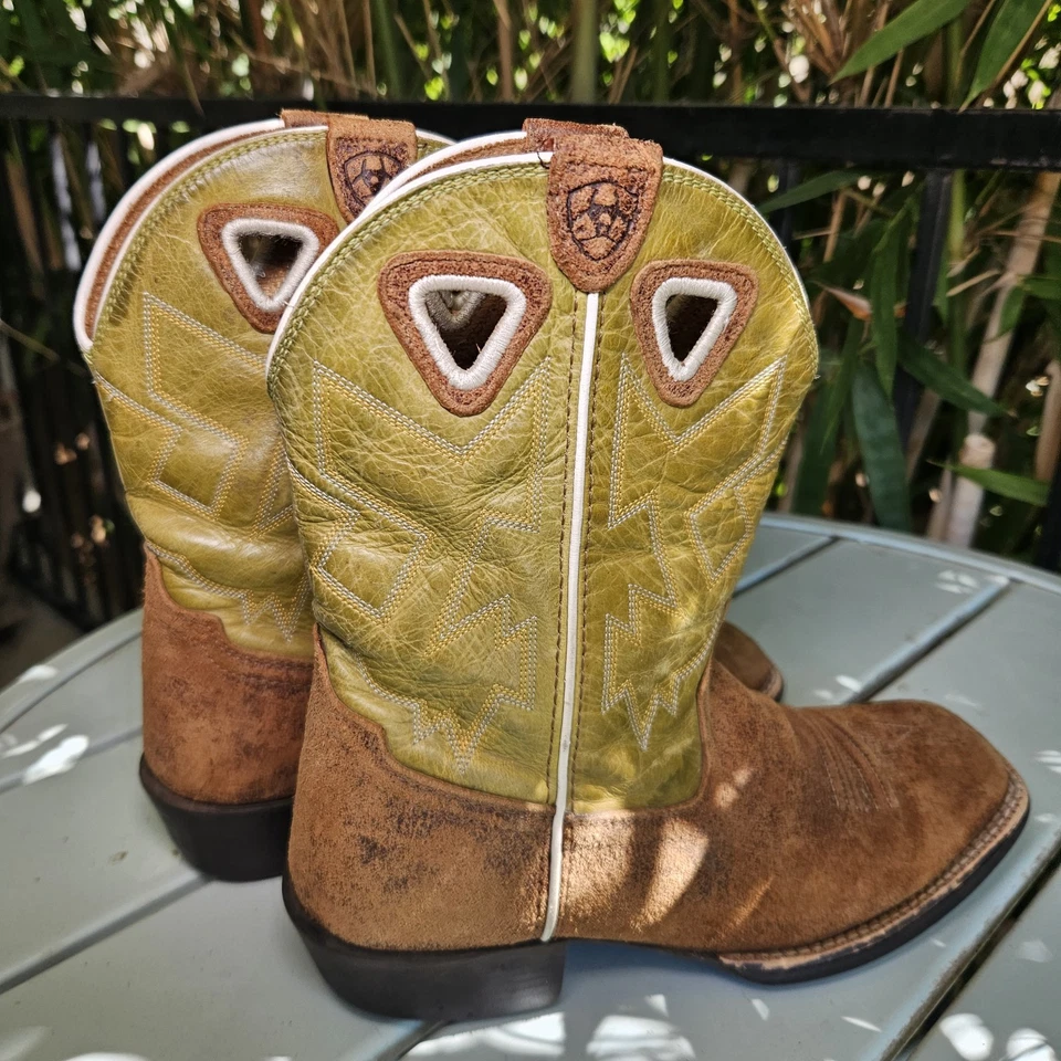 Botas Ariat Juveniles Talla 4 Mujer’s 6 Verde Marrón Cuero Puntera Cuadrada Vaquero Western Foto 3 de 4