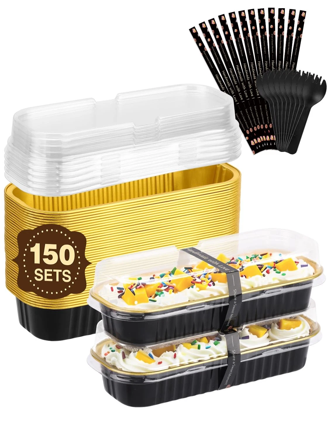 NEEBAKE 150 Pack 6.8 oz Disposable Mini Loaf Pans with Lids and Spoons - 6.5x2.5