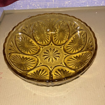 Vintage Anchor Hocking Amber Pressed Glass Star Cameo Medallion Serving Bowl 8''