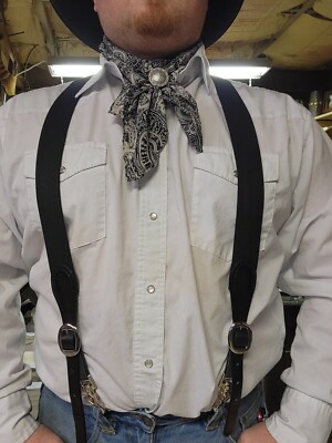 Mens  Belt Hook Y-Back Elastic Suspenders Black Heavy Duty Very Adjustable
