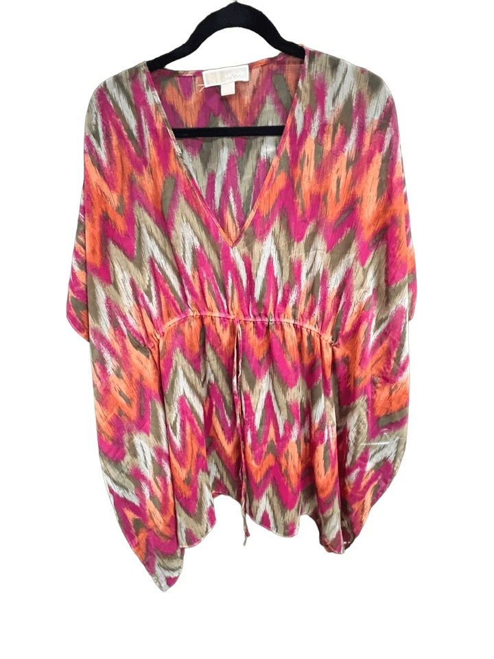 Túnica Michael Kors Estampado Azteca Transparente Fucsia/Naranja/Marrón Natación Encubrimiento Talla S/M Foto 2 de 2