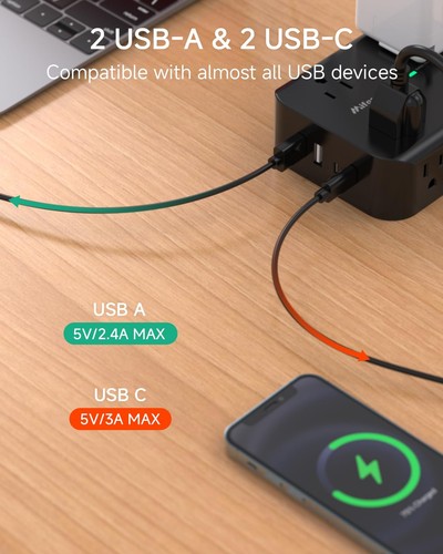 Power Strip Surge Protector - Flat Plug Wall Mount 8 Wide Outlets with 4 USB P - Picture 3 of 8