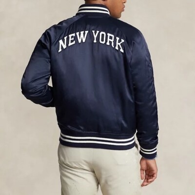 Polo Ralph Lauren Satin Letterman Varsity Jacket Bomber in Aviator