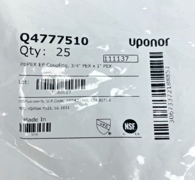 Bag Of 25, Uponor Q4777510 ProPex EP Coupling 3/4'' Pex × 1'' Pex