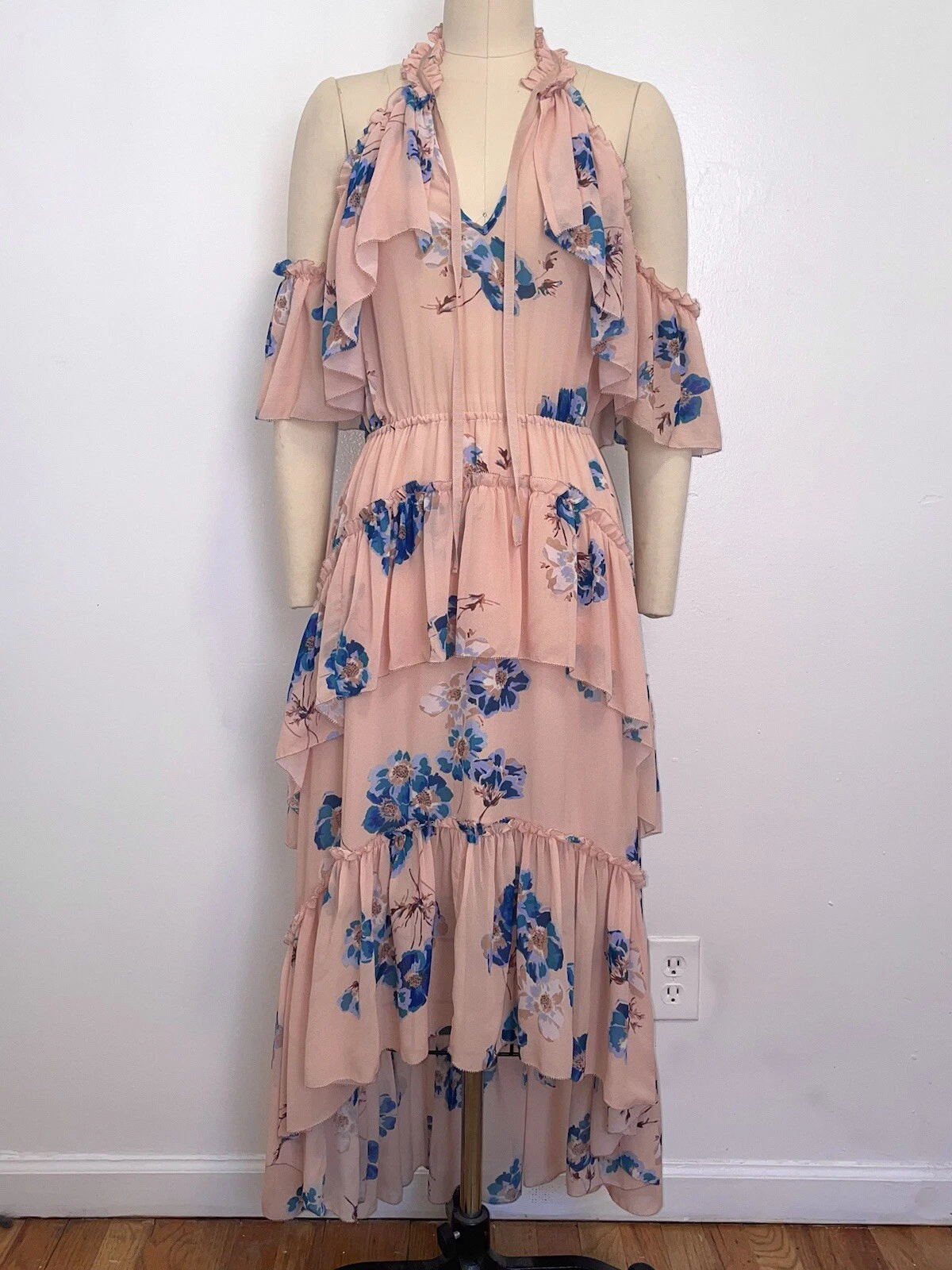 VALENTINO Abito Ulla Johnson Valentine seta floreale tg 4 rosa hi basso freddo spalle scoperte