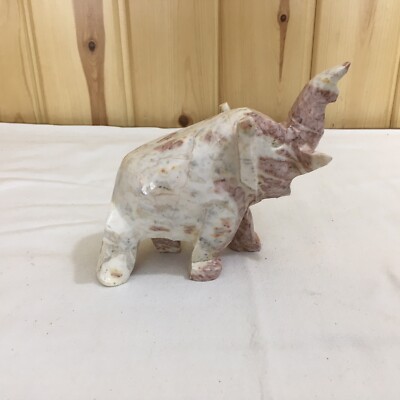 Pink and White Carved Stone Elephant Chunky Heavy 7  Tall No Chips B60