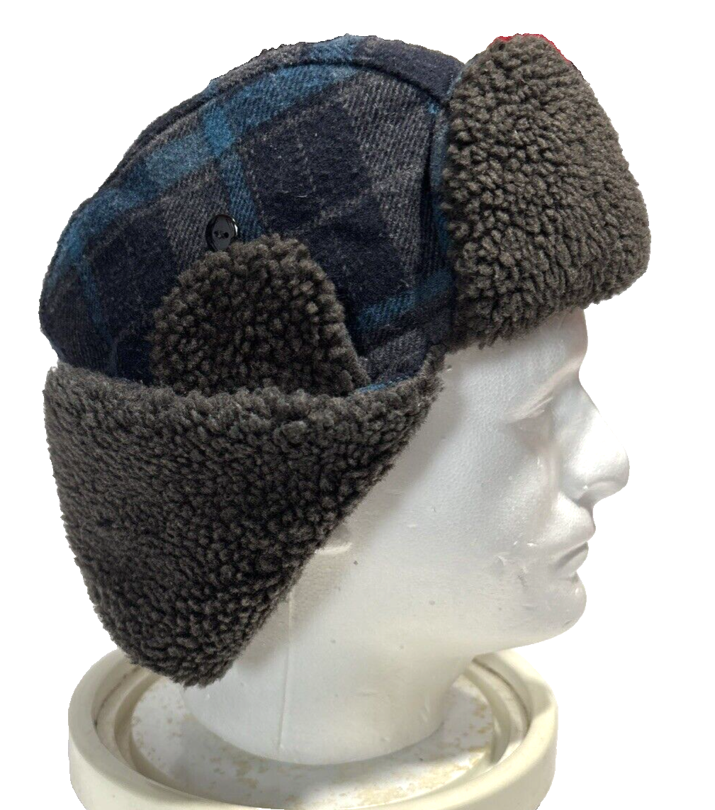 REI Trapper Rancher Hat W Ear Flaps Blue Black Gray Plaid Fleece