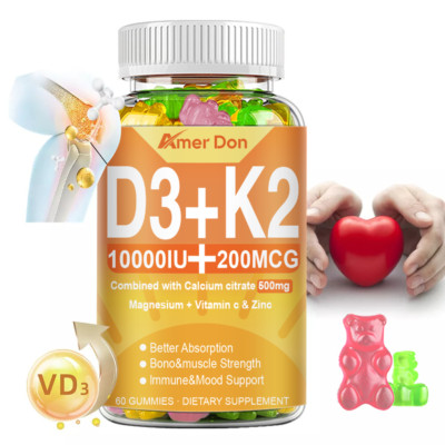 Vitamin D3 K2 Filled Gummies 10000IU, 500mg Calcium, K2(MK-7) 200mcg Bone Health