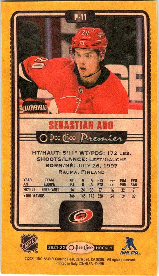 2021-22 O-Pee-Chee Premier Tallboys Yellow Sebastian Aho #P-11 - Image 2 of 2