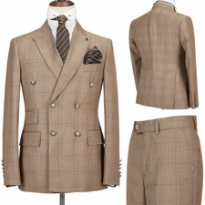 Men's Windowpane Suits Double-breasted Peak Lapel Formal Plaid Suits 2 Pieces