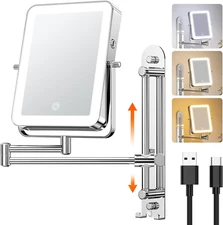 Height Adjustable Wall Mounted Lighted Makeup Mirror with Hooks, 3000Mah Recharg