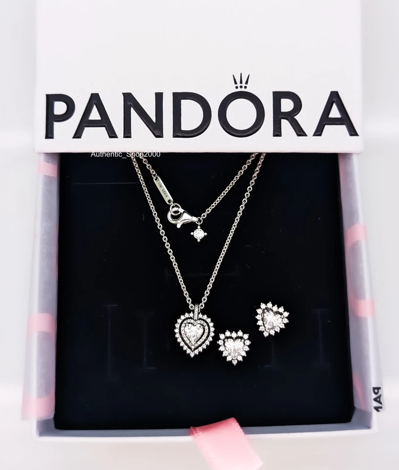Nuevo 100% PANDORA 925 Brillante Doble Corazón Halo Collar Pendientes Set de Regalo