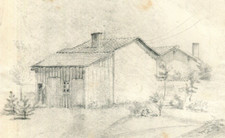 Opera d'arte del XIX secolo di una casa nel 1885 - antico disegno a matita 