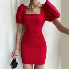 RED RUFFLE MINI PUFF SLEEVE DRESS