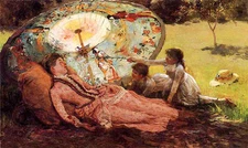 Ｏｉｌ　ｐａｉｎｔｉｎｇ lady with a parasol and happy children in garden landscape canvas