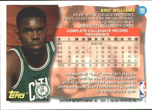 1995-96 Topps Boston Celtics Basketball Card # 199 Eric Williams Rookie MINT - Picture 2 of 2