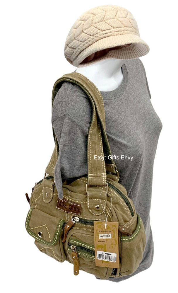 Small 12 Inch Width Brown Green Canvas MIKO Club Fashion Shoulder Duffle Handbag