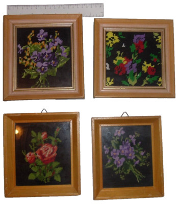 4 x Vintage Framed Floral Needlepoint Cross Stich Embroidery Gobelin Wood Frame