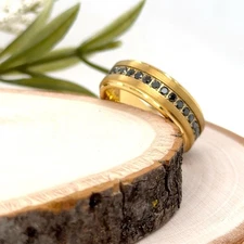 8mm Gold Tungsten Carbide Ring Black CZ Stone Brushed Polished Christmas Band