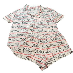 Victoria’s Secret 2 Piece S Logo Satin Pajamas Set Button Up Top/Shorts HEARTS