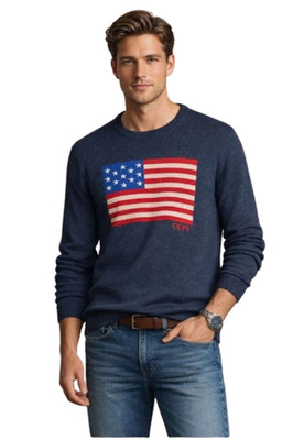 Chaps Sweater Classic Fit Crewneck Thick Heavyweight Pullover USA American Flag
