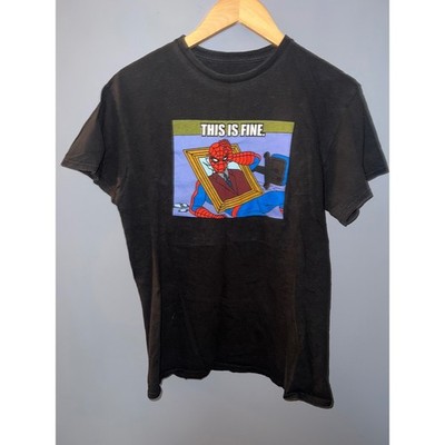 Marvel Spider-Man This Is Fine Meme Graphic T-Shirt Mens Medium Black Cotton Tee