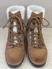 Marc Fisher Boots Isabel Leather Lug Sole Lace Up Brown Suede Shearling Cuff 9