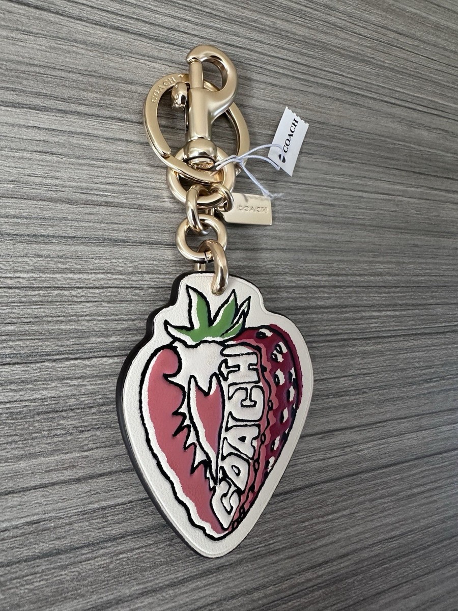 NWT Coach Leather Strawberry Bag Charm Keychain Fob in Gold