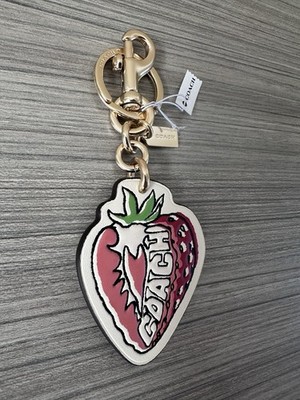 NWT Coach Leather Strawberry Bag Charm Keychain Fob in Gold