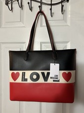 NWT Love Moschino Borsa Small Grain PU Black Red Tote Handbag