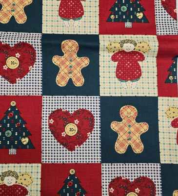 VTG 1 Yard Cotton Fabric Panel Christmas Motifs Angles Trees Patchwork Style 45''