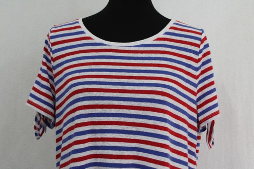 Talbots Sz L Red White Blue Stripe Linen Blend Knit Tee Short Bow Tied Sleeves - Picture 2 of 6