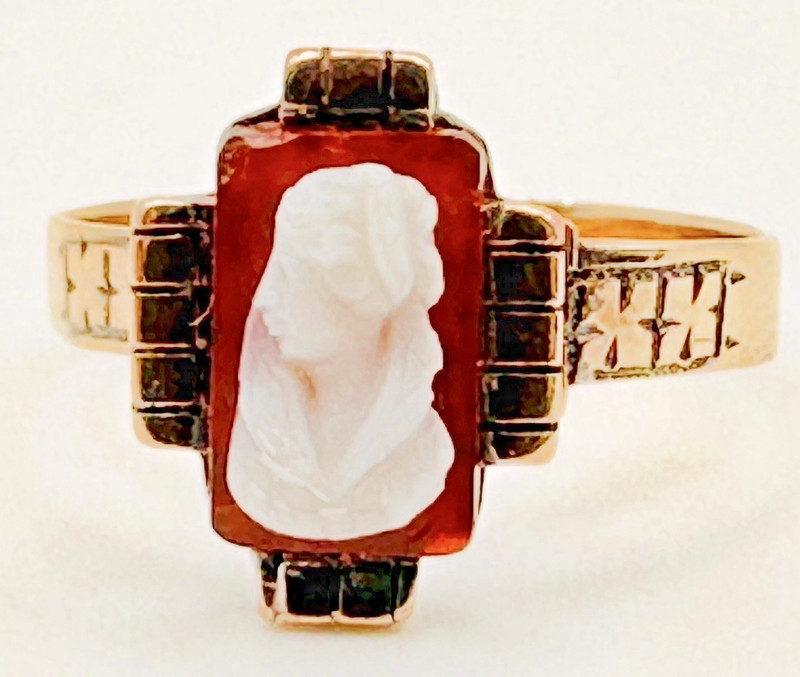 Victorian Era Carnelian Hardstone Cameo Buckle Frame Ring 10K Rose Gold Size 7.5