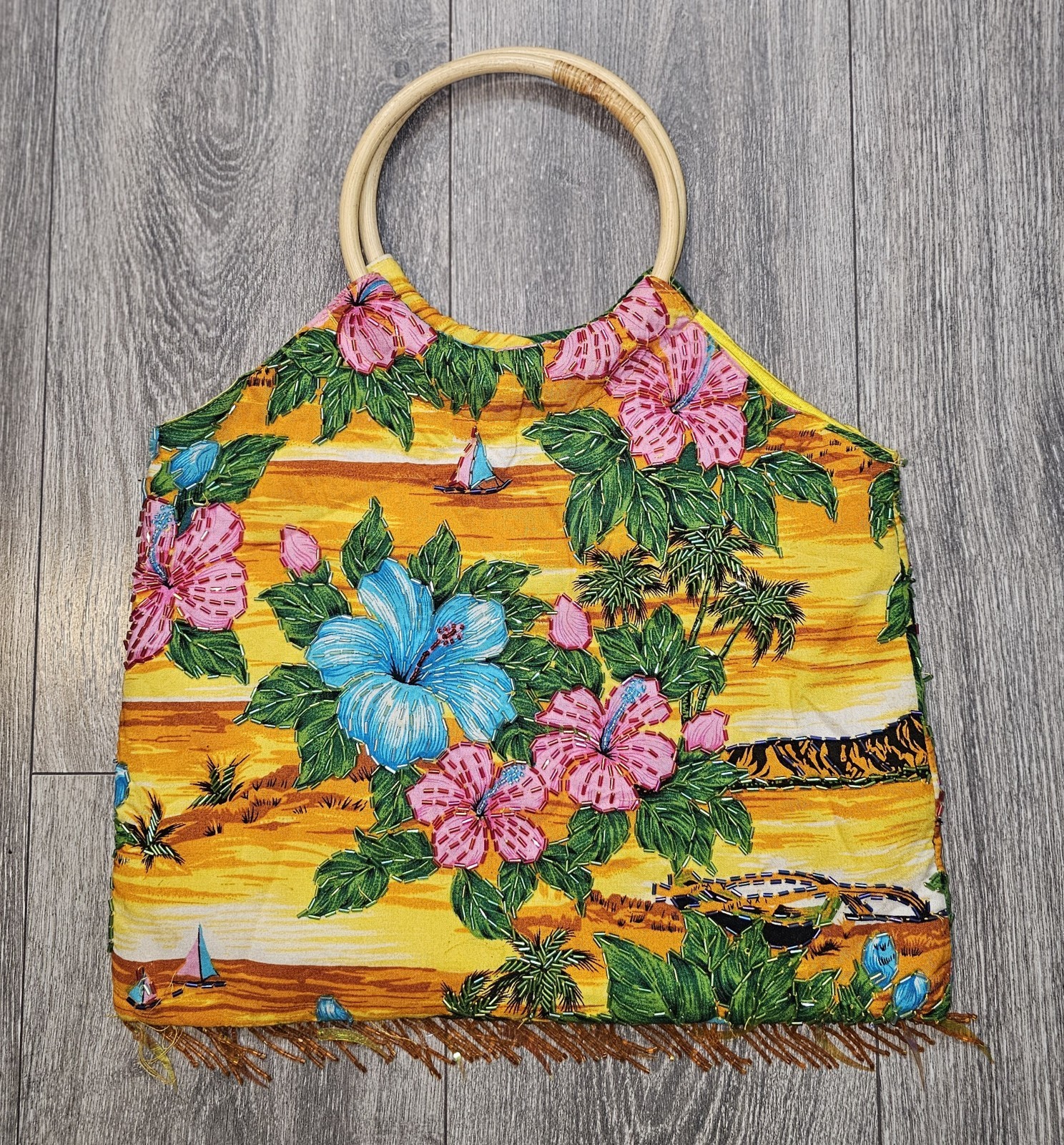 Hibiscus * Island* Ocean Boats Hand-crafted Boho Bag Multicolor Bamboo Handles