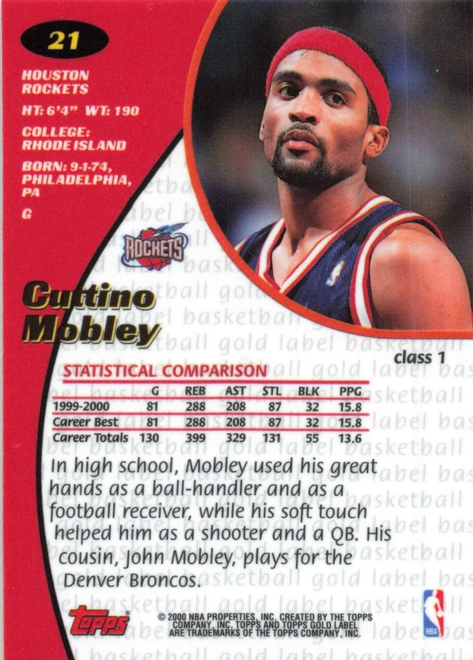 Cuttino Mobley 2000 Topps Gold Label Class 1 #21 Houston Rockets Basketball Card - Image 2 of 2