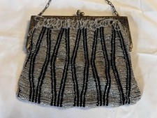 Antique Art Nouveau Glass Beaded Fringe Evening Bag Purse Kiss Clasp Metal Frame
