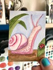 aceo original art, signed, Pink Snail in Garden, watercolor 2.5 " x 3.5 " — photo 1