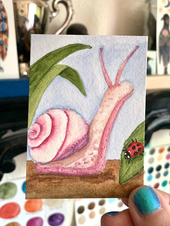 aceo original art, signed, Pink Snail in Garden, watercolor 2.5 " x 3.5 "