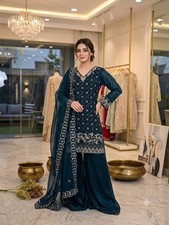 Women's Embroidered Kurti Palazzo Set Dupatta Indian Wedding Party Wear