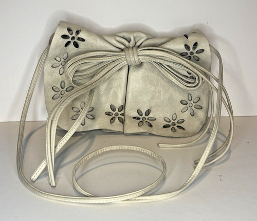 Susan Farber Off White Cute Leather Crossbody With Flowers, Bow, And Pleating