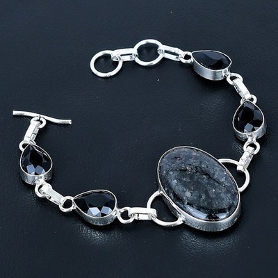 Unique Nuummite, Spinel Gemstone Handmade 925 Sterling Silver Bracelet 7-8''