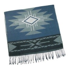 Aztec Blanket Scarf Blue  Black w/Fringe Southwestern Print 27x70 Boho Western