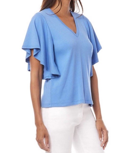 Karen Kane Flutter Sleeve V-Neck Top Boardwalk Dusty Blue Size L